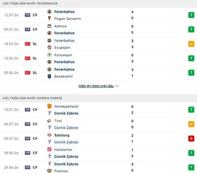 Thành tích thi đấu Fenerbahce vs Gornik